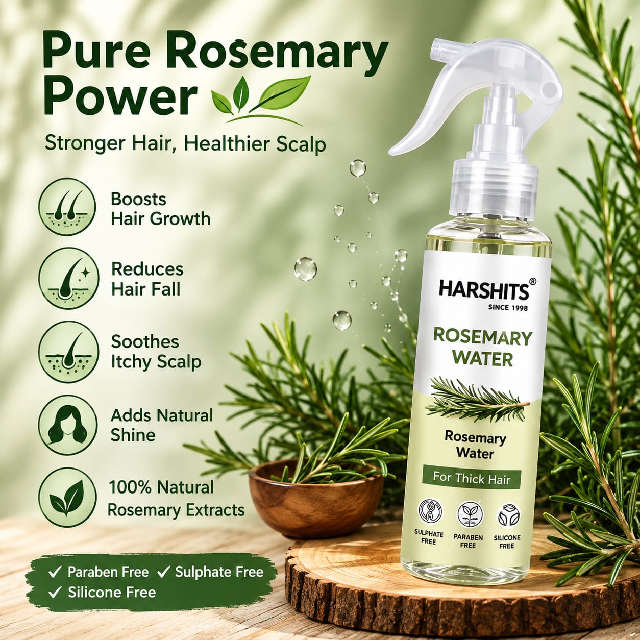 Rosemary Water for Hair Growth & Scalp Care | Natural Rosemary Hair Spray for Stronger, Thicker & Healthier Looking Hair | Daily Leave-In Hair Mist