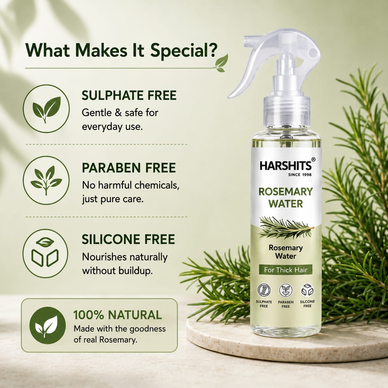 Rosemary Water for Hair Growth & Scalp Care | Natural Rosemary Hair Spray for Stronger, Thicker & Healthier Looking Hair | Daily Leave-In Hair Mist